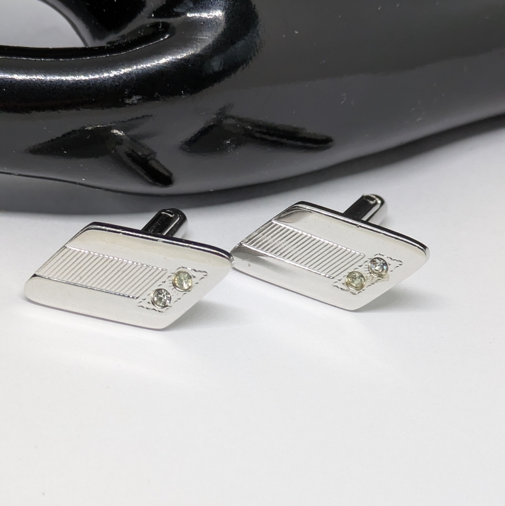 Vintage Silver Tone Cufflinks Sparkling Accents Formal Prom Wedding
